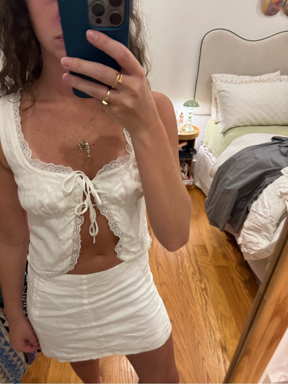 Reformation White Lace-Trim Tie-Front Crop Top